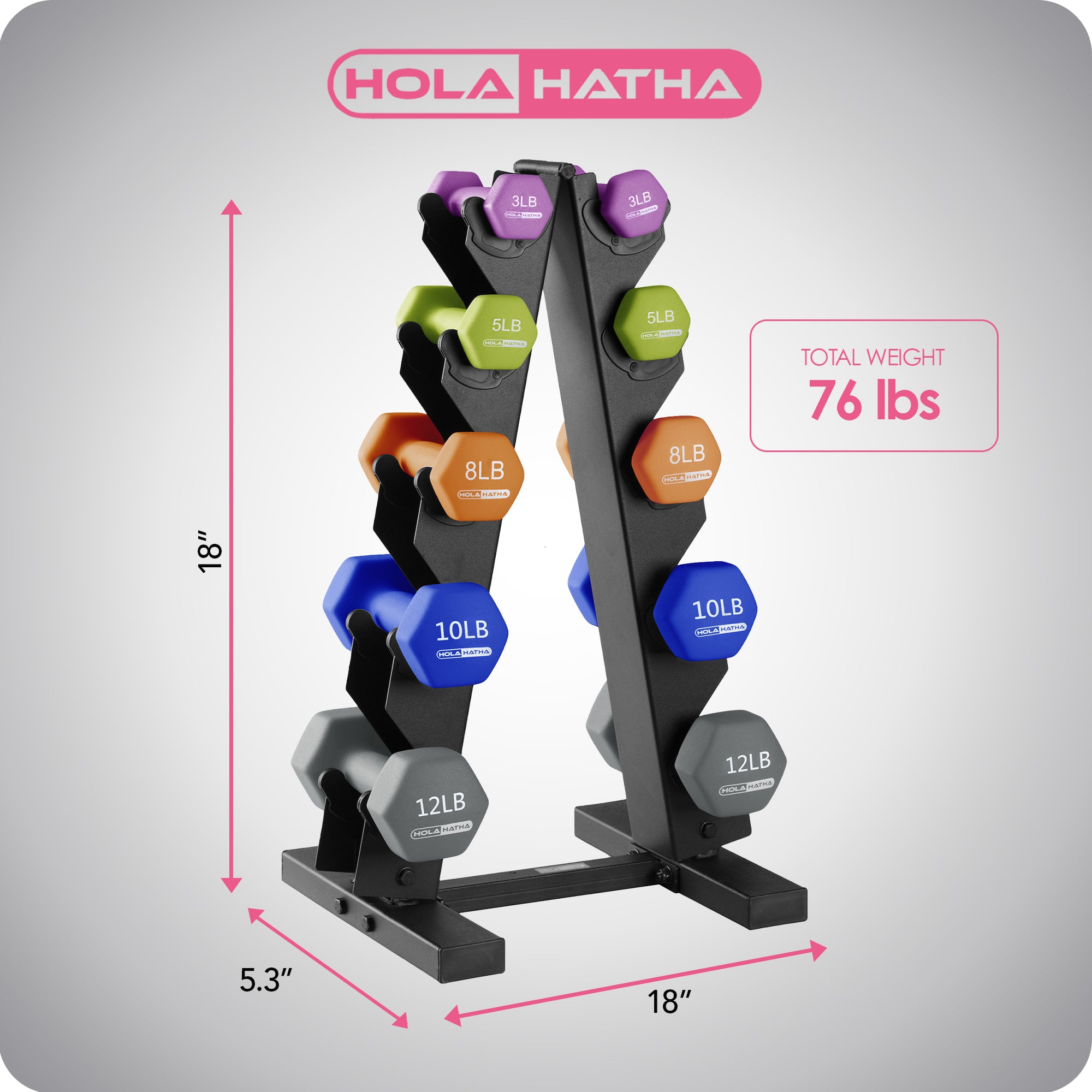 HolaHatha 3, 5, 8, 10, & 12lb Neoprene Hexagon Dumbbell Weight Set w/Stand(Used) - VMInnovations