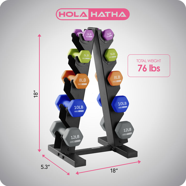 HolaHatha Dumbbell Hand Weights Set & Rack for Home Workout, 76 Lbs, Multicolor