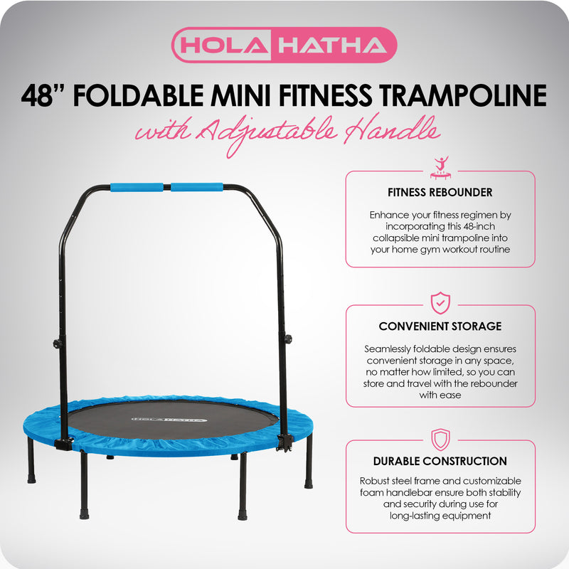 HolaHatha 48 Inch Foldable Mini Fitness Trampoline with Adjustable Handle, Blue