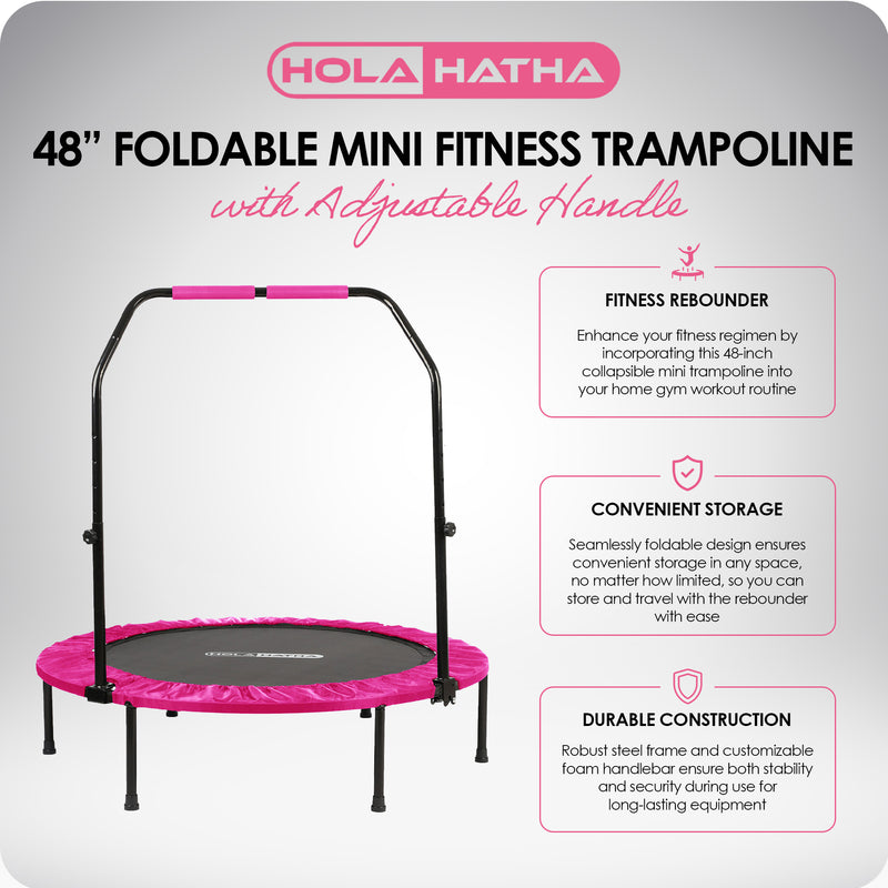 HolaHatha 48 Inch Foldable Mini Fitness Trampoline with Adjustable Handle, Pink