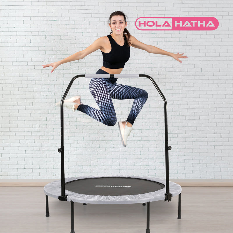 HolaHatha Foldable Mini Fitness Trampoline with Adjustable Handle, 48 in., White