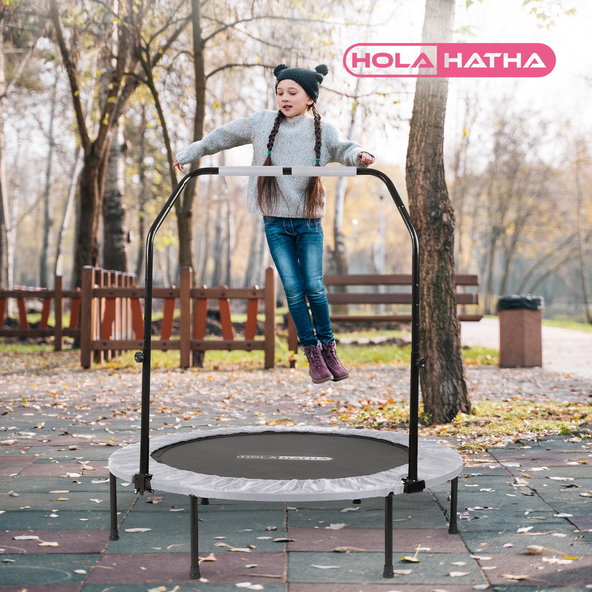 HolaHatha Foldable Mini Fitness Trampoline with Adjustable Handle, 48 in., White - VMInnovations