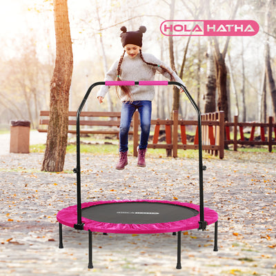 HolaHatha 40" Mini Trampoline Fitness Rebounder with Adjustable Handle, Pink