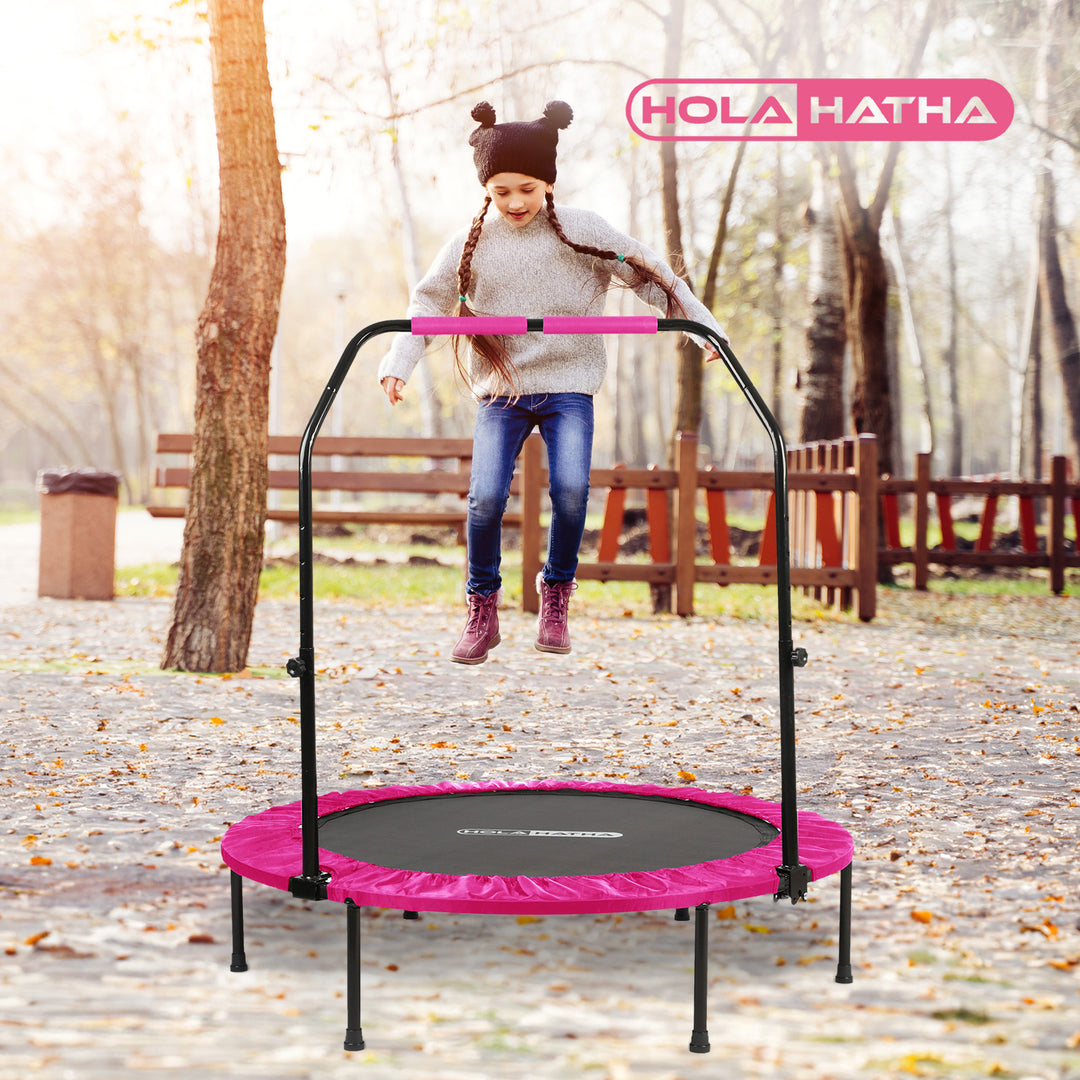 HolaHatha 40" Trampoline Fitness Rebounder w/Adjustable Handle, Pink (Open Box)