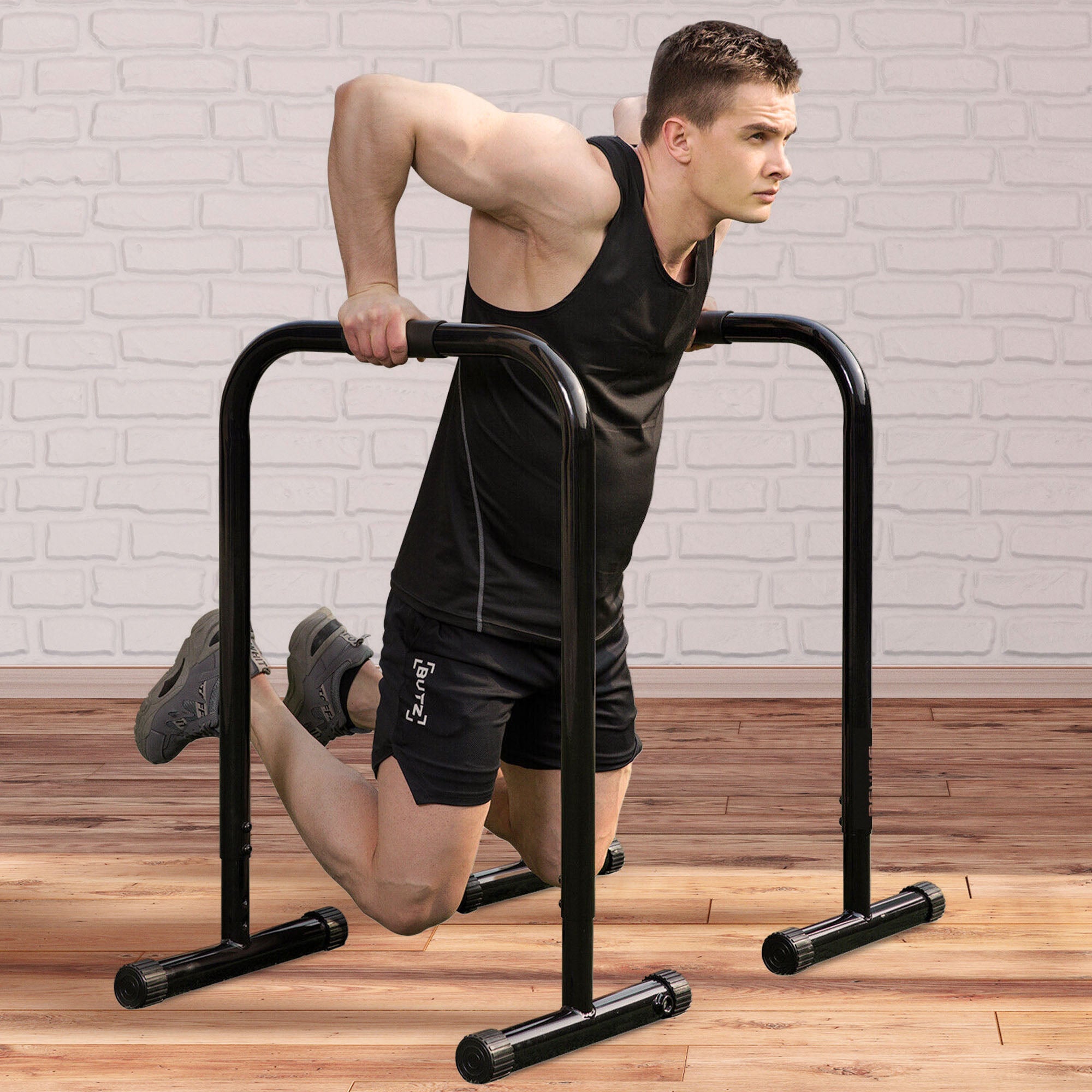 HolaHatha Dip Station Bar w/Adjustable Foot & Non Slip Covers, Black (Open Box) - VMInnovations