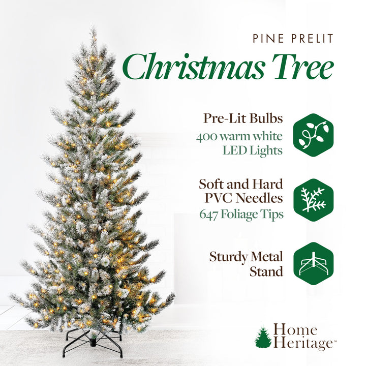Home Heritage Natural Pine 7' Flocked 400 LED Pre-Lit Artificial Christmas Tree - VMInnovations