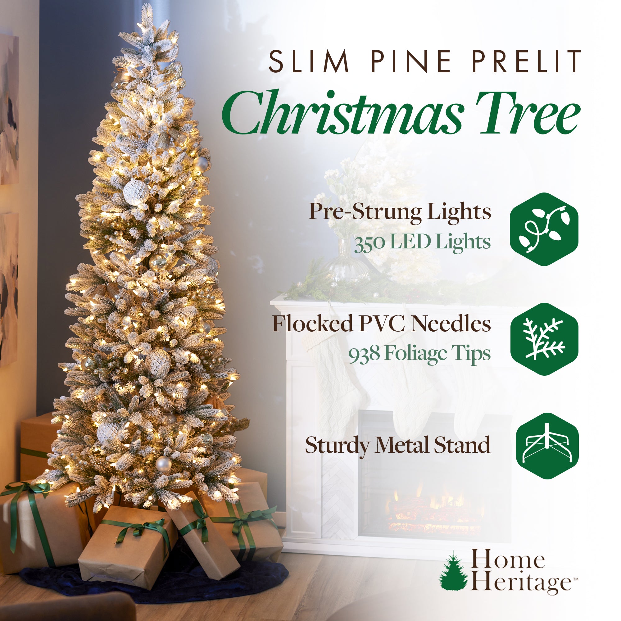 Home Heritage Anson 7' Flocked Slim 350 Clear Prelit Artificial Christmas Tree - VMInnovations