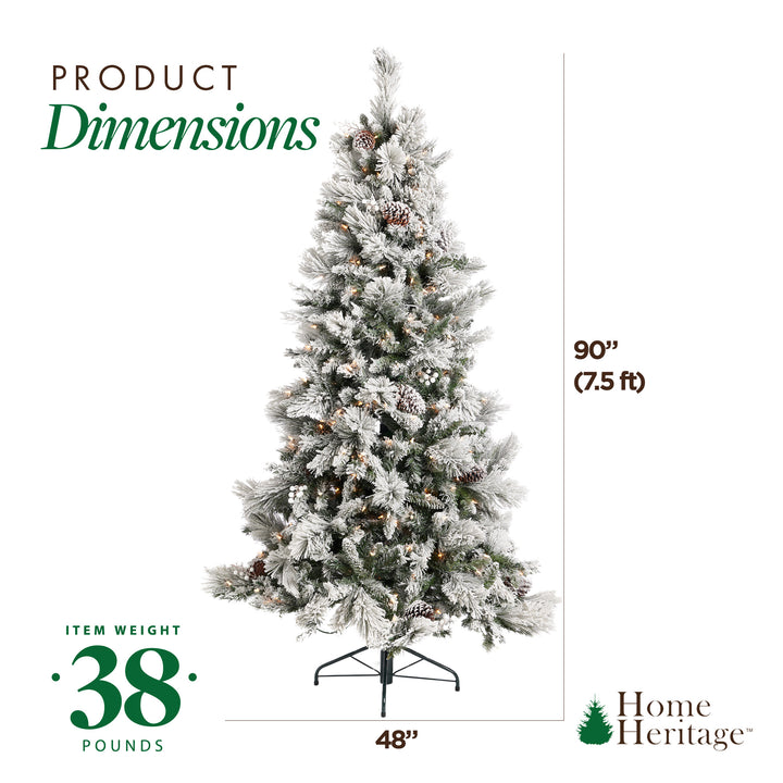Home Heritage Flocked 7.5 Foot Christmas Tree w/ Lights and Pinecone (Open Box)