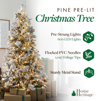 Home Heritage Flocked 7.5 Foot Christmas Tree w/ Lights and Pinecone (Open Box) - VMInnovations
