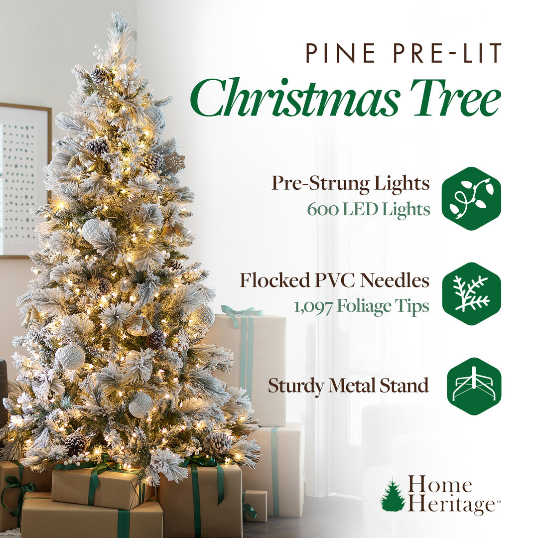 Home Heritage Flocked 7.5 Foot Christmas Tree w/ Lights and Pinecone (Open Box)