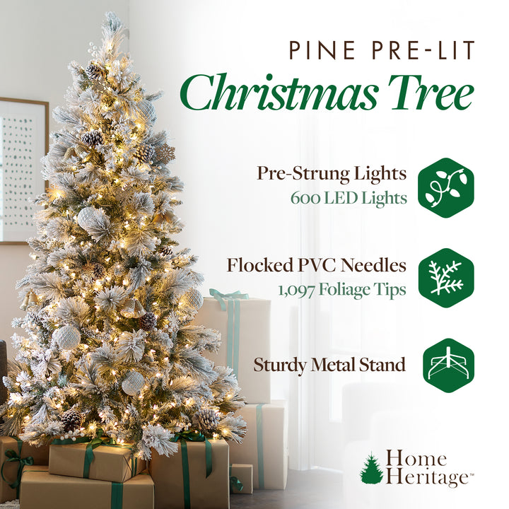 Home Heritage Flocked 7.5 Foot Christmas Tree w/ Lights and Pinecone (Open Box)
