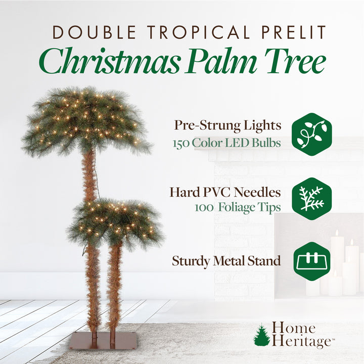 Home Heritage 5' and 3' 150 LED Pre-Lit Artificial Double Christmas Palm Tree