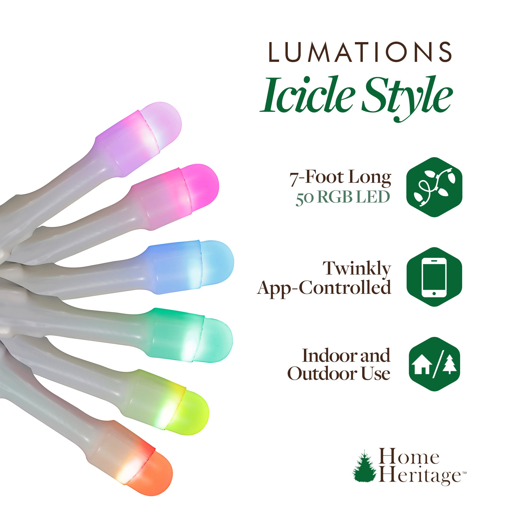 Home Heritage 7' Icicle Style Holiday Lights, App Controlled, 50 RGB LEDs 2 Pack