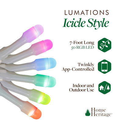 Home Heritage 7' Icicle Style Holiday Lights, App Controlled, 50 RGB LEDs 2 Pack