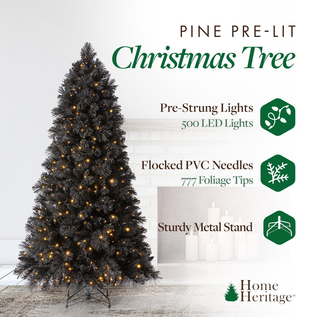 6.5' Prelit Snowdrift Flocked Christmas Tree 500 Clear LEDs, Black (Used)