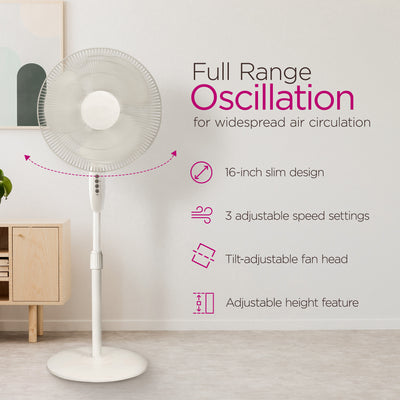 HomePoint 16" 3 Speed Tilt Head Oscillating Pedestal Standing Fan, White (Used) - VMInnovations