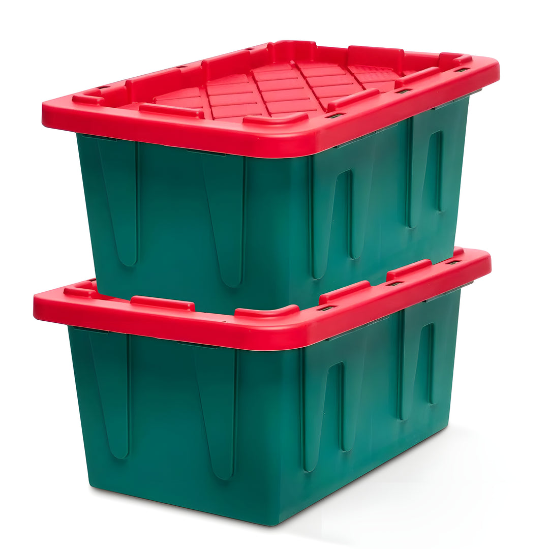 HOMZ Durabilt 15 Gallon Heavy Duty Holiday Storage Tote, Green/Red (2 Pack)