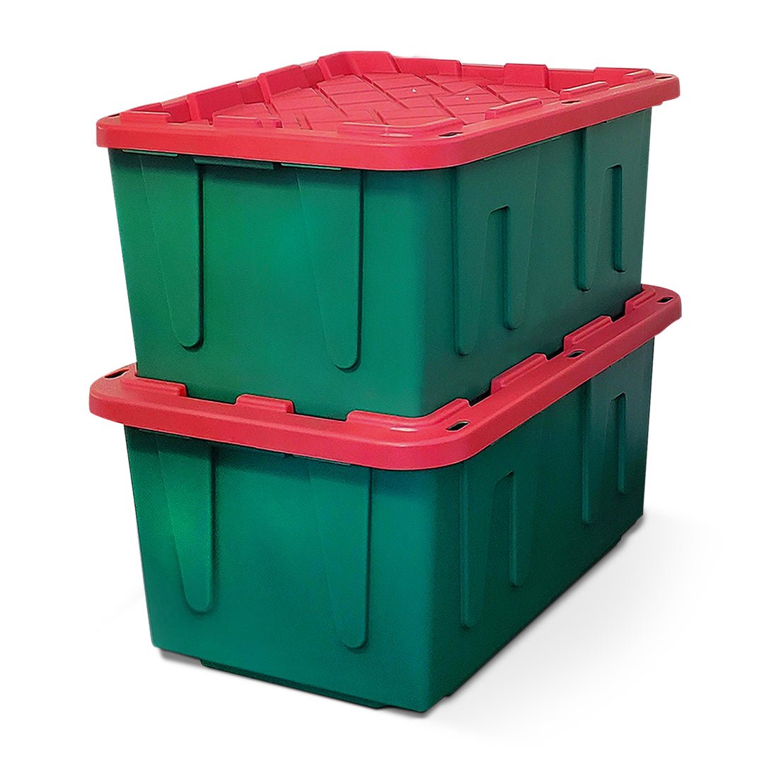 Durabilt 27 Gal Heavy Duty Holiday Storage Tote, Green/Red (2 Pack) (Open Box)