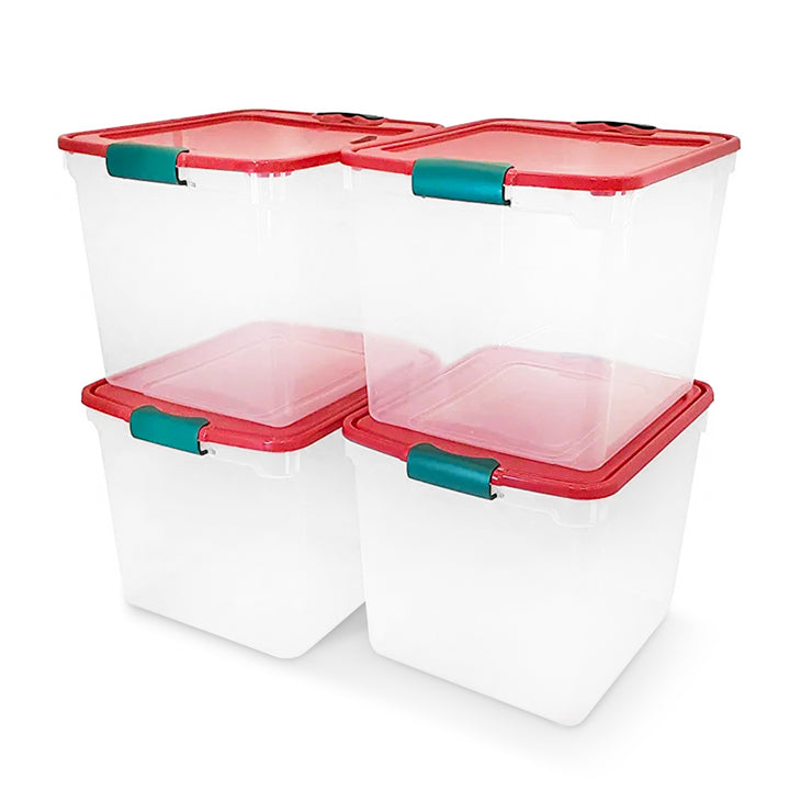 HOMZ 31 Quart Holiday Plastic Storage Container Bin w/Latching Lid, 4 Pack(Used)