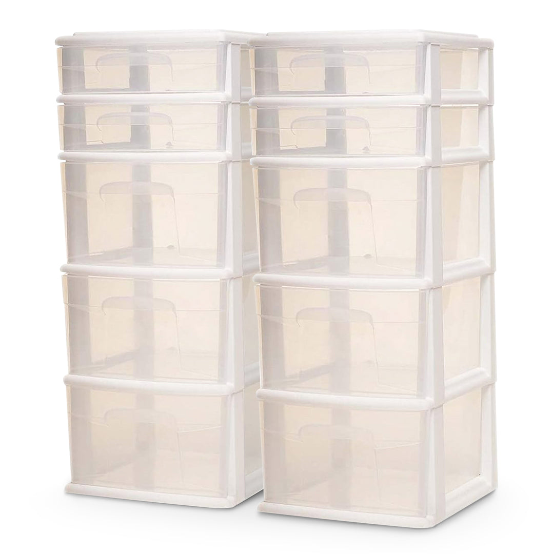 Homz Clear Plastic 5 Drawer Home Storage Container Tower, White (2pk) (Open Box)