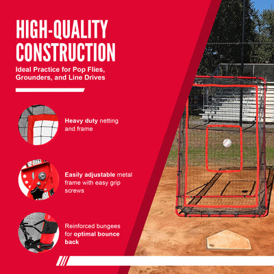 Hit Run Steal Heavy Duty Baseball/Softball Pitchback Net w/ Adjustable Legs, Red - VMInnovations