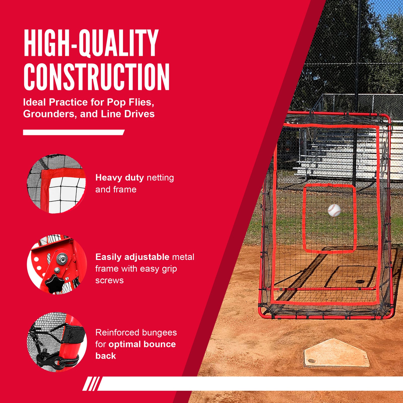Hit Run Steal Baseball/Softball Pitchback Net w/ Adjustable Legs, Red (Open Box) - VMInnovations