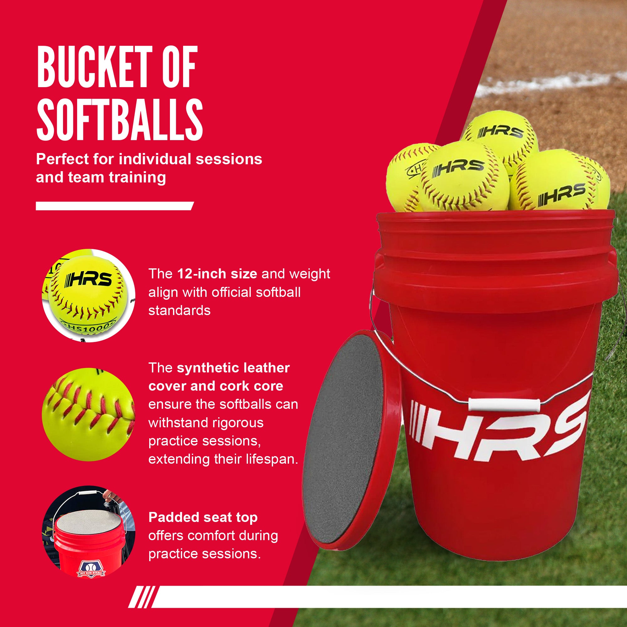 Hit Run Steal 12" Softballs w/6 Gallon Bucket & Padded Seat Top, Red (Open Box) - VMInnovations