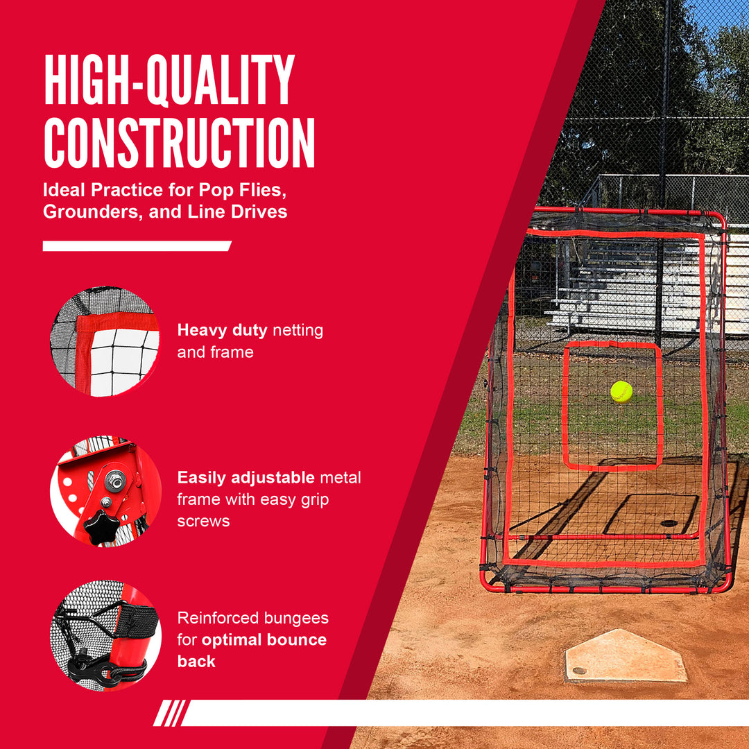 Hit Run Steal Heavy Duty Baseball/Softball Pitchback Net w/ Adjustable Legs, Red