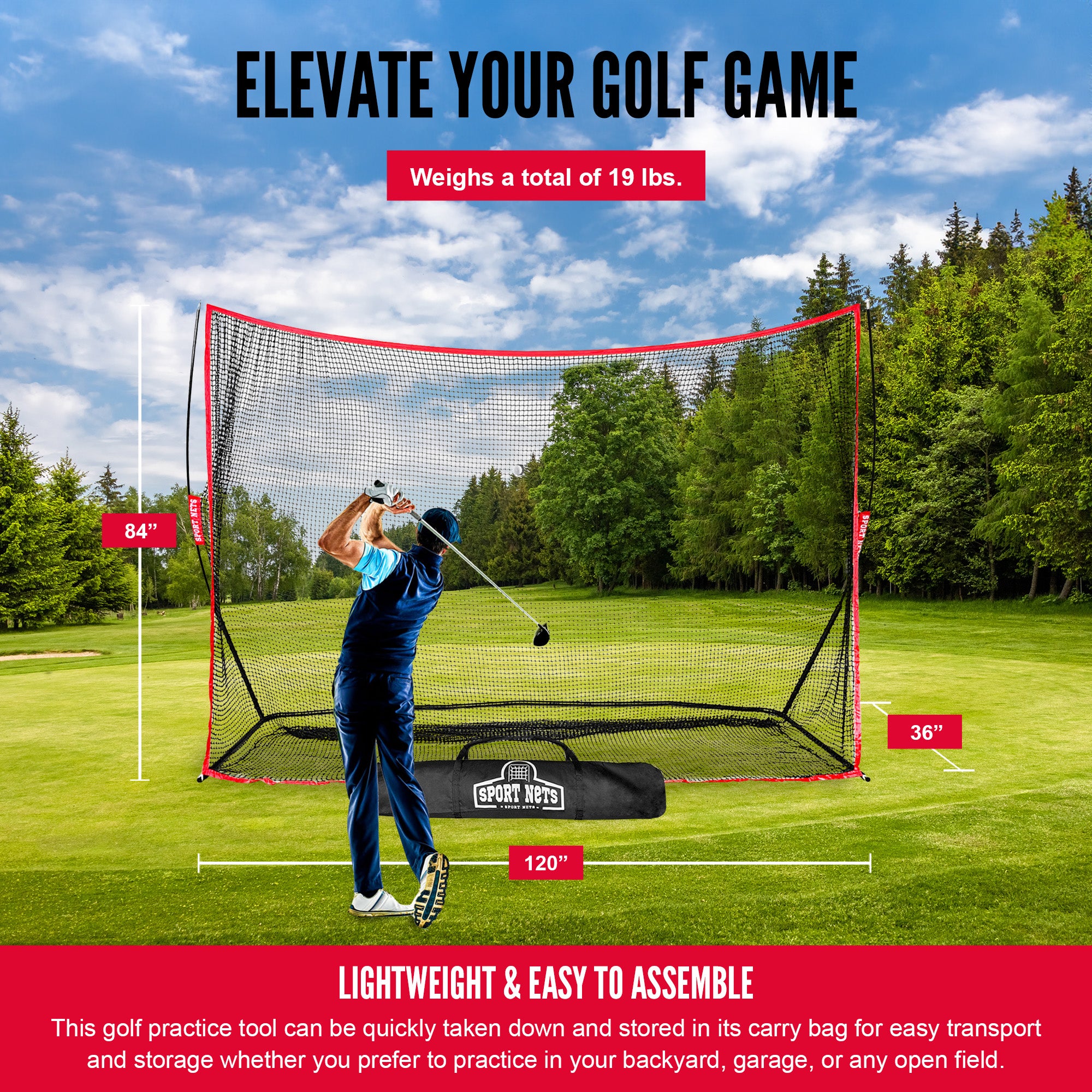 Hit Run Steal 10 x 7 Feet Golf Hitting Net for Indoor/Outdoor Use, Red/Black - VMInnovations