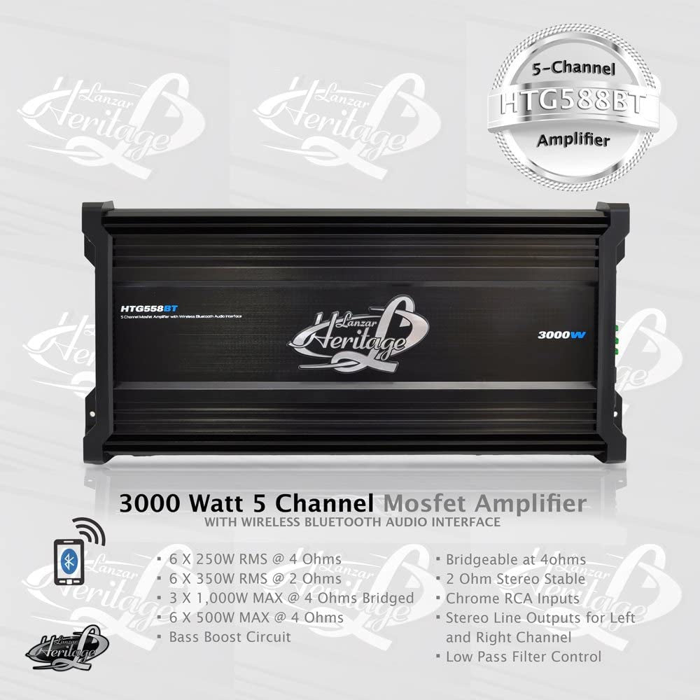 Lanzar HTG558BT 5 Channel 3000W Car Audio MOSFET Amplifier w/ Bluetooth (2 Pack) - VMInnovations