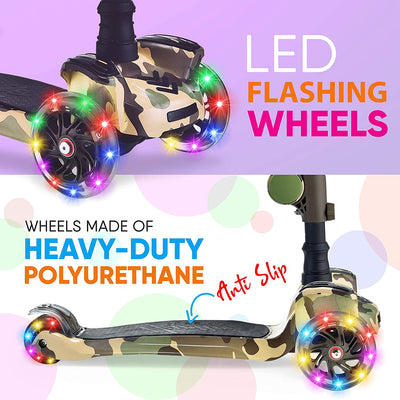 Hurtle ScootKid 3 Wheel Child Toddler Toy Scooter with LED Wheel Lights, Camo
