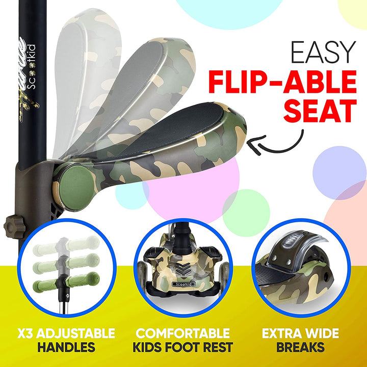 Hurtle ScootKid 3 Wheel Child Toy Scooter with LED Wheel Lights, Camo (Used) - VMInnovations