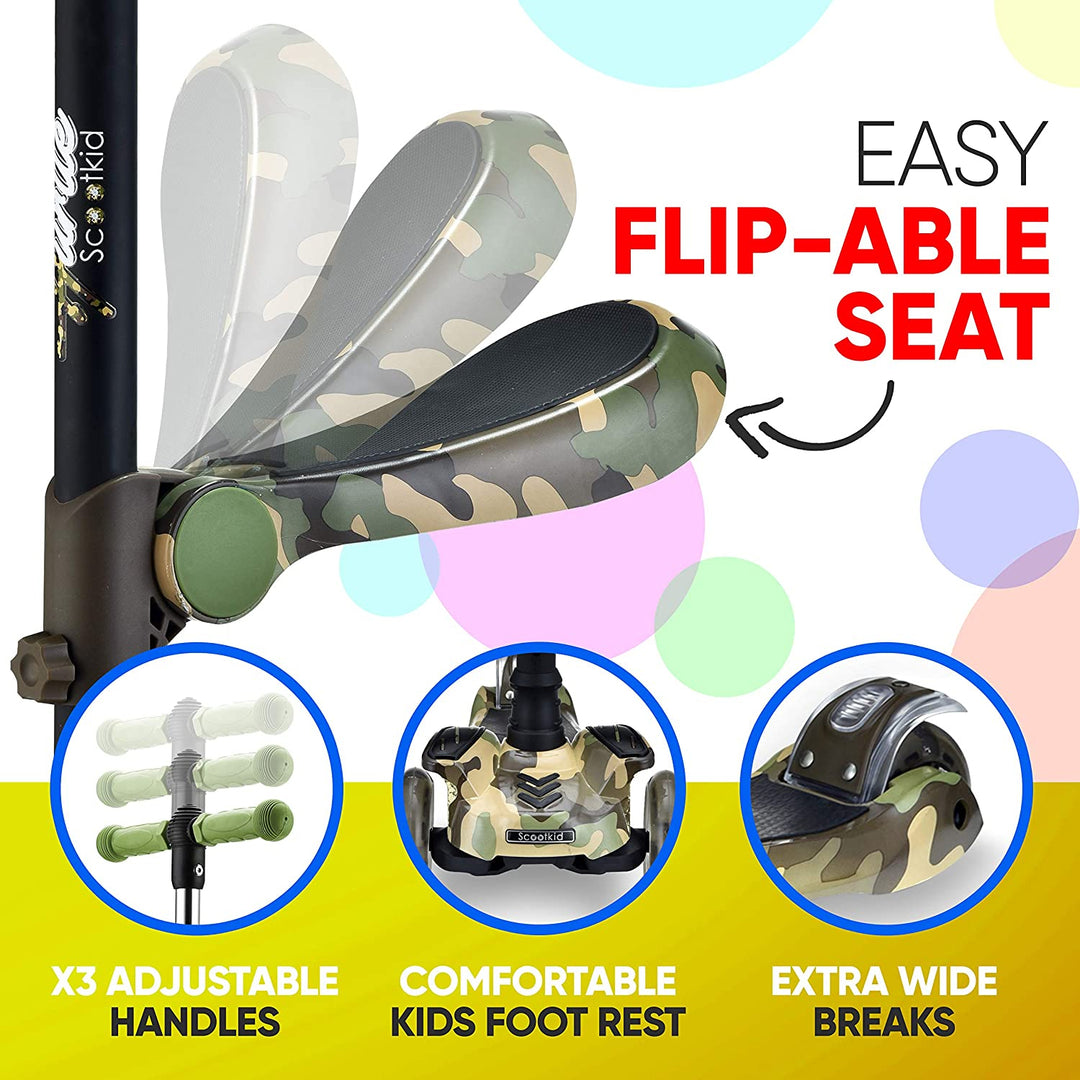 Hurtle ScootKid 3 Wheel Child Toy Scooter with LED Wheel Lights, Camo (Open Box) - VMInnovations