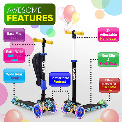 Hurtle ScootKid 3 Wheel Kid Toy Scooter w/ LED Wheel Lights, Graffiti (Open Box) - VMInnovations
