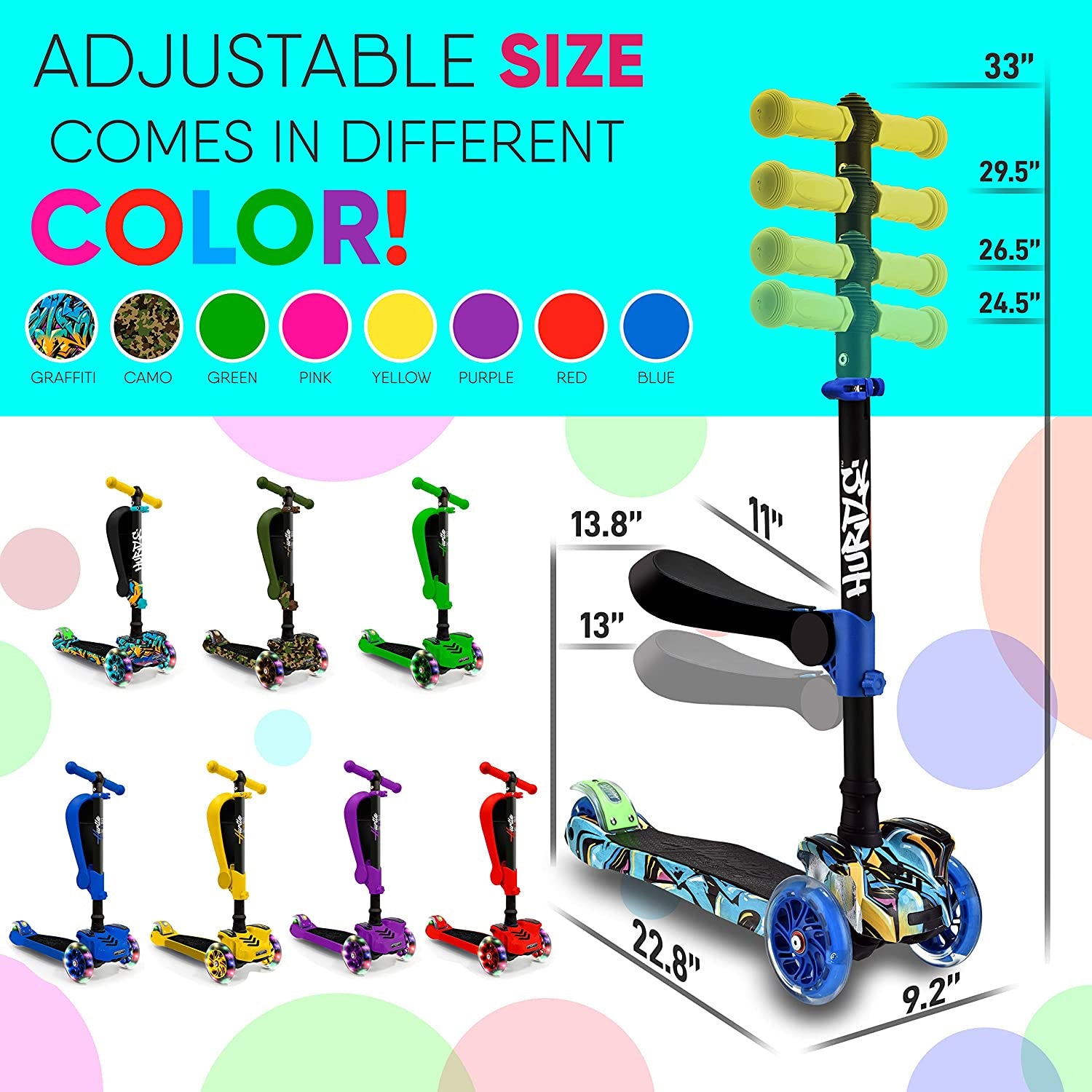 Hurtle ScootKid 3 Wheel Kid Toy Scooter w/ LED Wheel Lights, Graffiti (Open Box) - VMInnovations