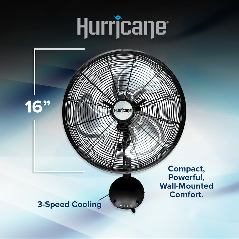 Hurricane 16 Inch Pro High Velocity Oscillating Metal Wall Mount Fan, Black