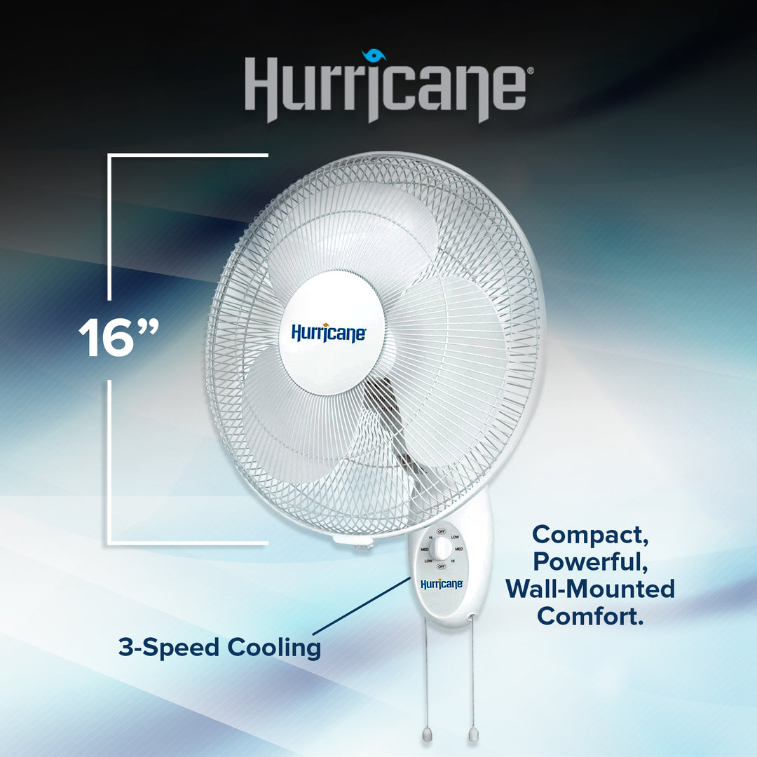 Hurricane 16 Inch 90 Degree Oscillating 3 Speed Wall Mounted Fan, White (Used)