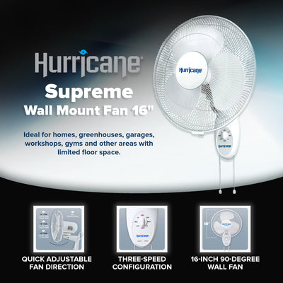Hurricane 16 Inch 90 Degree Oscillating 3 Speed Wall Mounted Fan, White (Used)