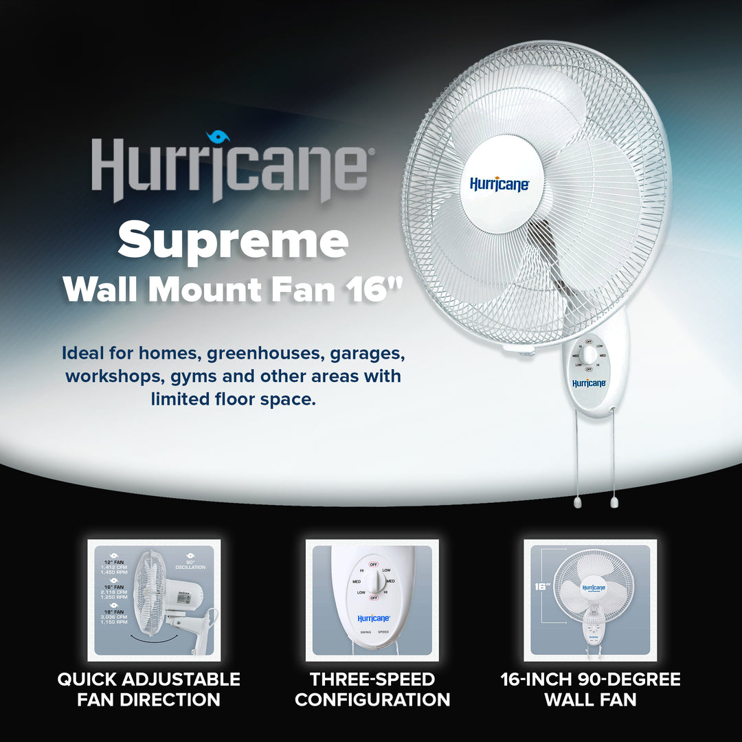 Hurricane Supreme 16 Inch 90 Degree Oscillating 3 Speed Wall Mounted Fan, White