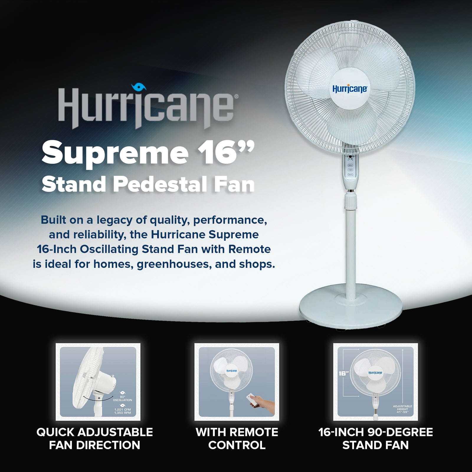 Hurricane Supreme 16" 3 Speed Oscillating Stand Pedestal Fan with Remote, White - VMInnovations