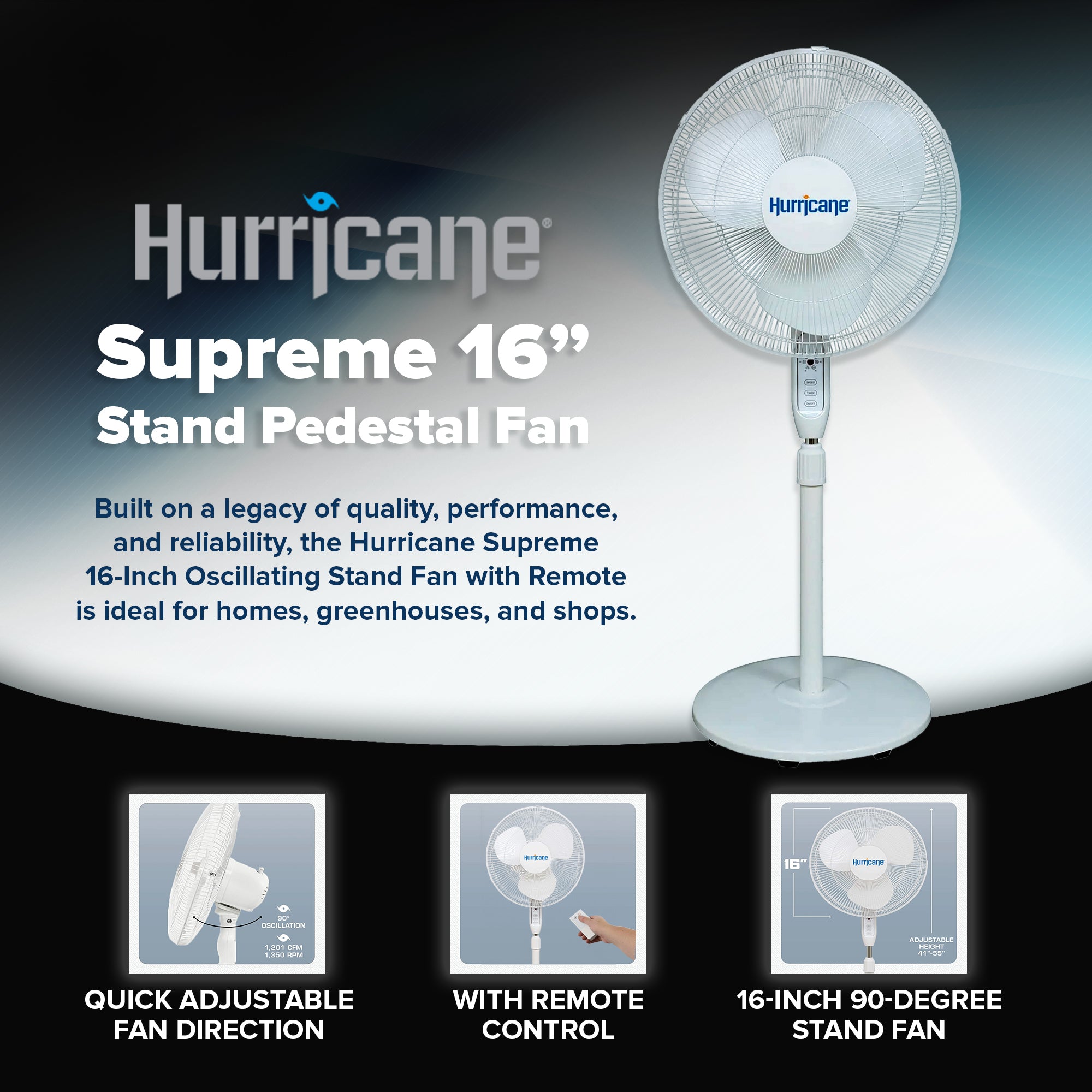 Hurricane Supreme 16" 3 Speed Oscillating Stand Pedestal Fan with Remote, White - VMInnovations