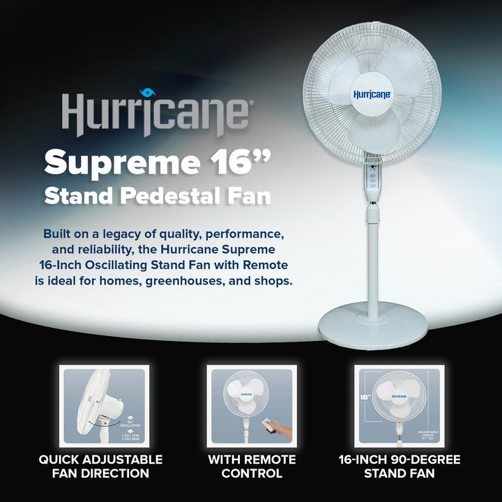 Hurricane Supreme 16" 3 Speed Oscillating Stand Pedestal Fan with Remote, White