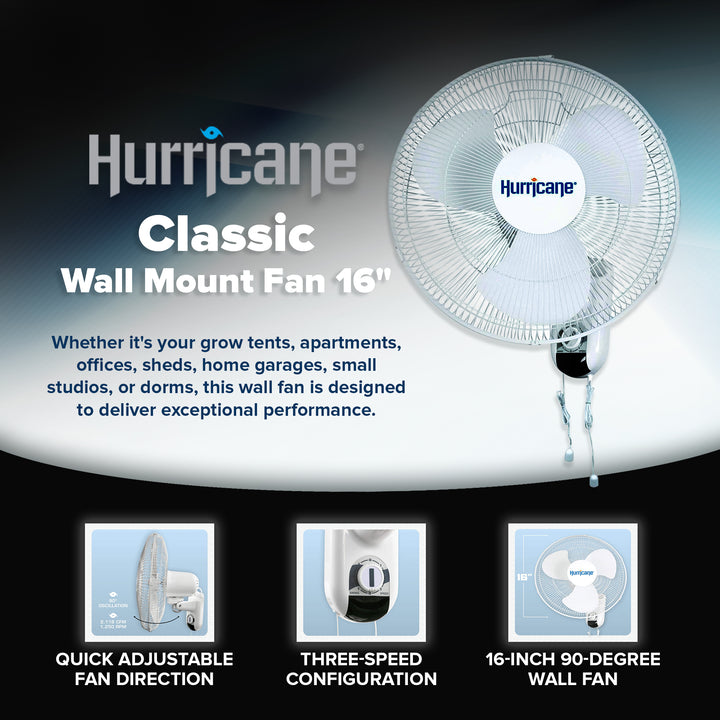 Hurricane Classic 16 Inch 90 Degree Oscillating 3 Speed Wall Mounted Fan, White