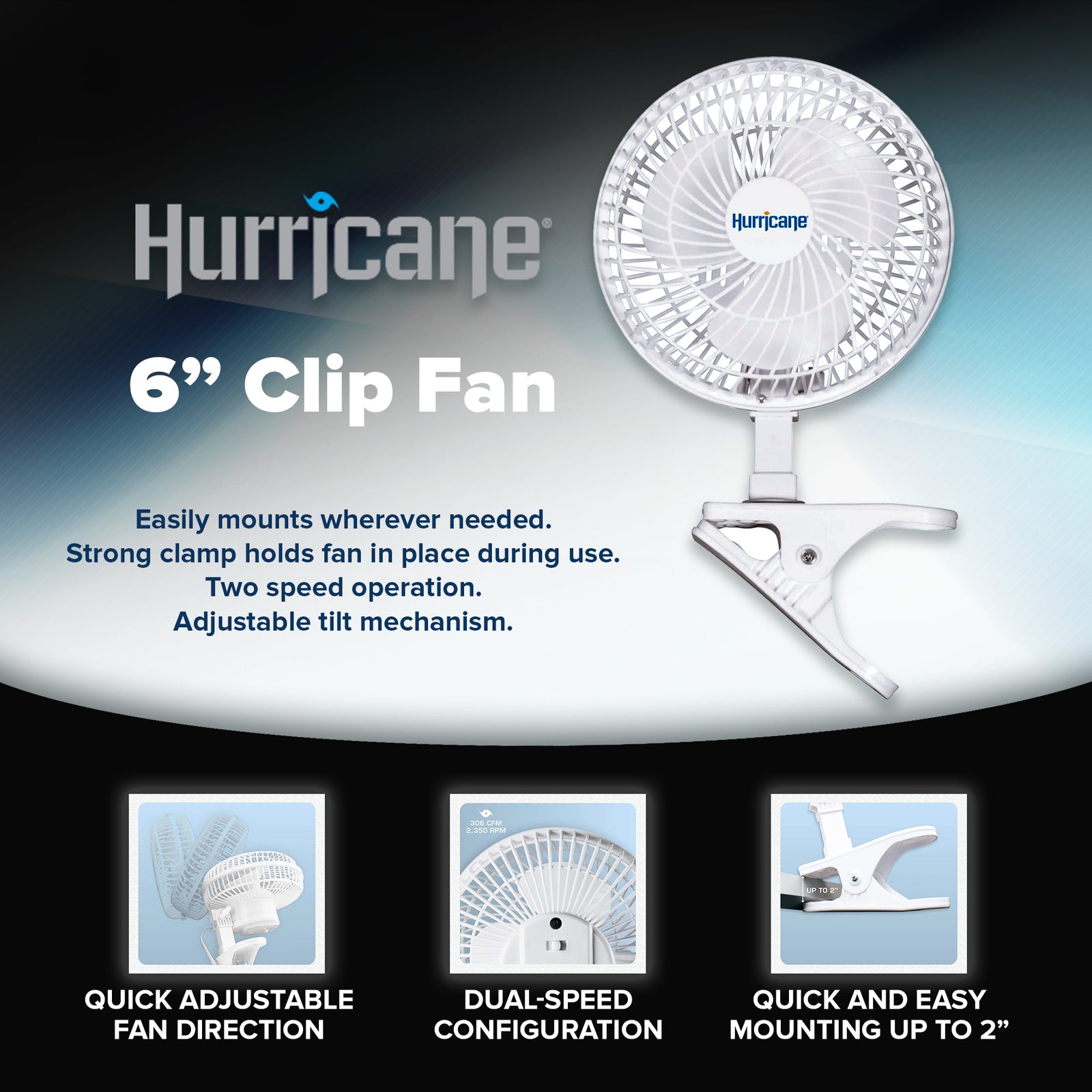 Hurricane Classic 6" Clip Fan, 2 Speed Table Fan w/ Adjustable Tilt, White(Used) - VMInnovations