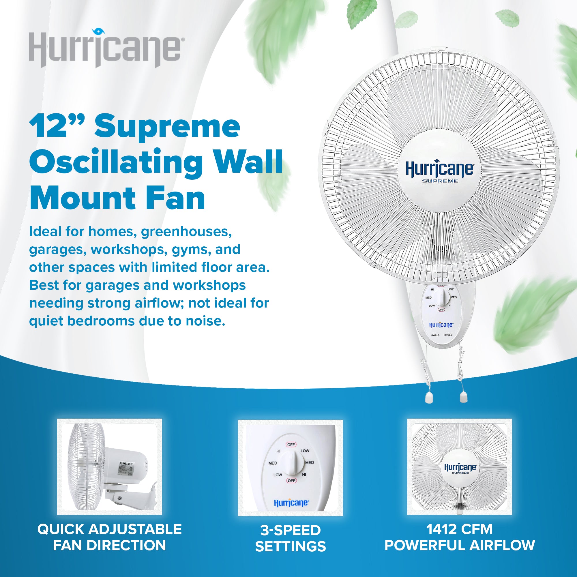 Hurricane Supreme 12 Inch Oscillating 3 Speed Portable Wall Mount Fan, White - VMInnovations
