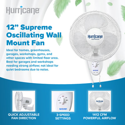 Hurricane Supreme 12 Inch Oscillating 3 Speed Portable Wall Mount Fan, White - VMInnovations