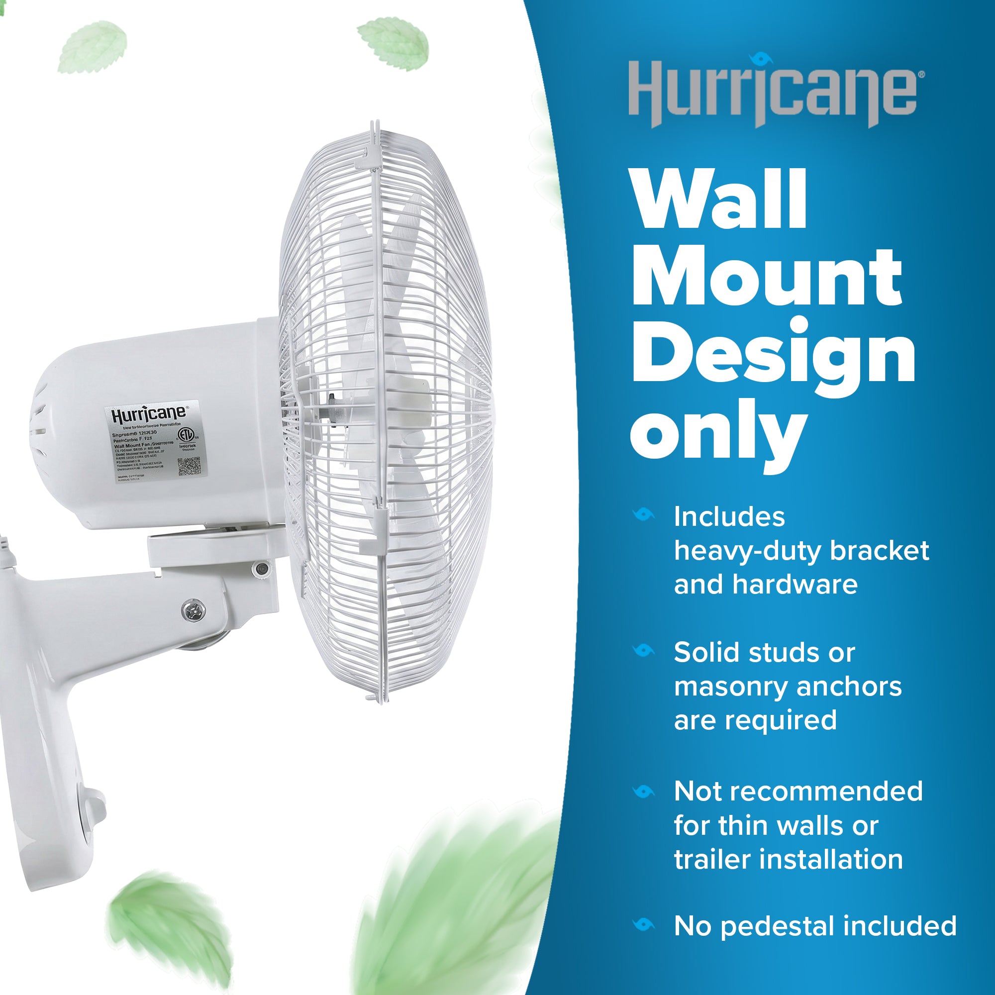 Hurricane Supreme 12 Inch Oscillating 3 Speed Portable Wall Mount Fan, White - VMInnovations