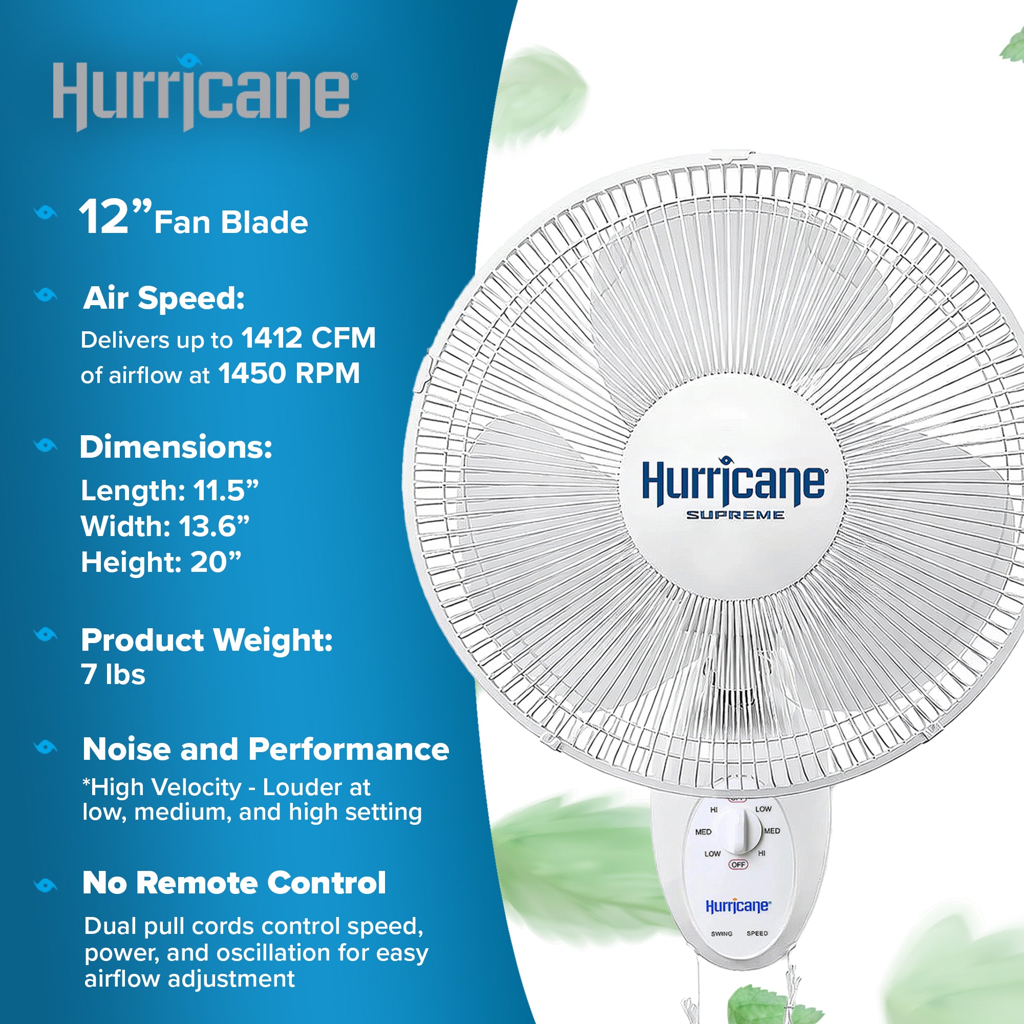 Hurricane Supreme 12 Inch Oscillating 3 Speed Portable Wall Mount Fan, White - VMInnovations