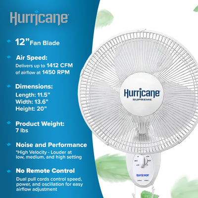 Hurricane Supreme 12 Inch Oscillating 3 Speed Portable Wall Mount Fan, White - VMInnovations