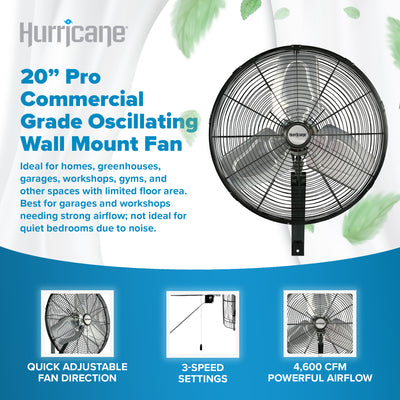 Hurricane 20 Inch Pro Commercial Grade Classic Oscillating Wall Mount Fan, Black